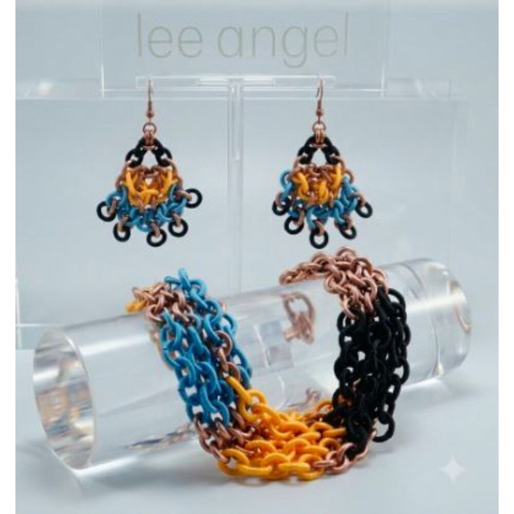 Neiman Marcus Lee Angel Silk Rings Bracelet Earrings SET NWT 225 Blue yellow